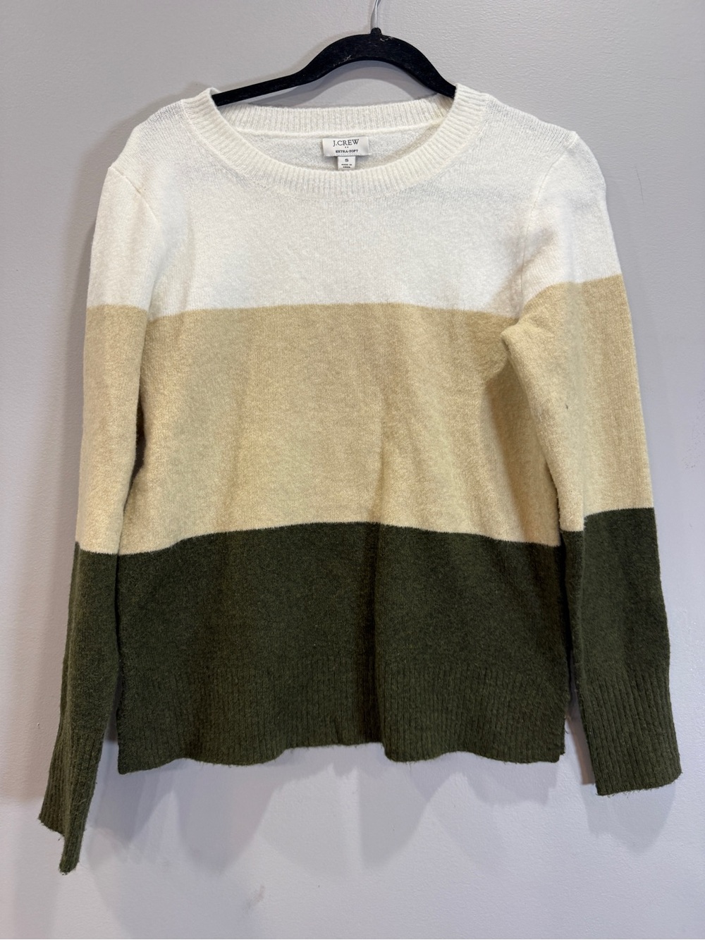 J. Crew Colorblock Crewneck Sweater in White, Cream & Olive